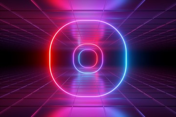 3d render, ultraviolet neon light, tunnel, round frame, abstract background, space portal, virtual reality environment, glowing lines, pink blue red spectrum, technology, vibrant colors, laser show