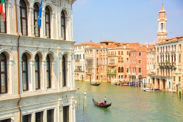 Grand Canal (Canal Grande) with Basilica Santa Maria della Salute, view from Ponte dell Accademia. Venice, Italy.