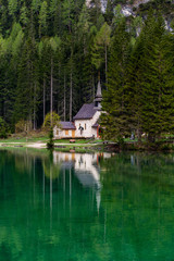 Fototapeta premium The Pragser Wildsee, or Lake Prags, Lake Braies one of the most famous lakes in the world. Lake is located in dolomite of italy