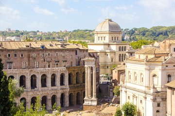 Plakat Architectures and landmarks of Rome, city view from Capitoline Hill. Ruins of Theatre of Marcellus (Teatro di Marcello) and Great Synagogue of Rome. Italy.