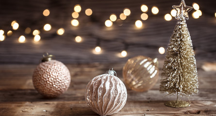 Christmas or New Year background, vintage toys on the Christmas tree