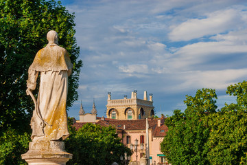 Padua city seen from Prato della Valle (Lawn of the Valley) Square with ancient statue
