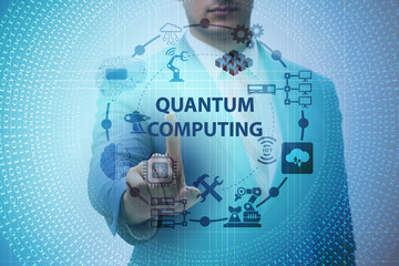Businessman pressing virtual button in quantum computing concept
