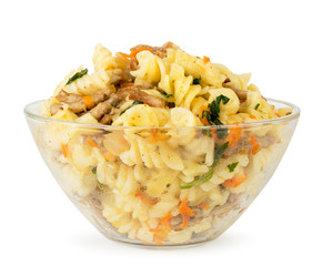 Pasta with minced meat close - up on a white. Isolated.