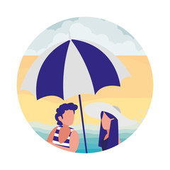 couple with beach clothes and umbrella