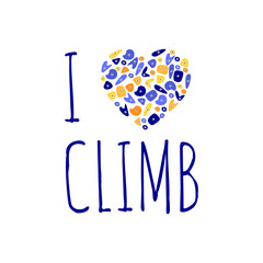 I heart climb, love, bouldering. The heart consists of climbing grips. Vector illustration for print on t-shirts or textile