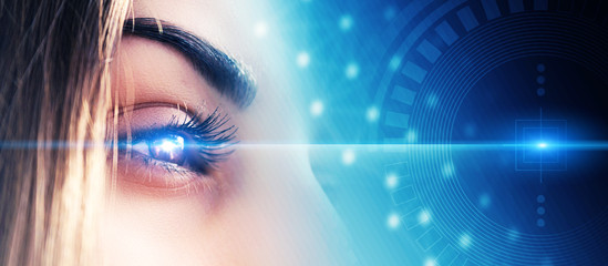 Biometric scan of a close-up of the female eye. The concept of modern virtual reality