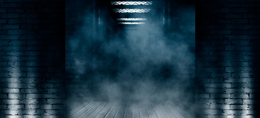 Background of empty old brick wall, open elevator doors, neon, spotlight, smoke, fog © Laura Сrazy