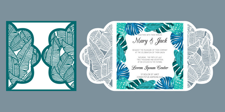 Laser cut wedding invitation card template vector. Die cut paper card with tropical pattern of banana leaves. Cutout paper gate fold card for laser cutting or die cutting template.