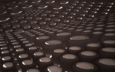 Obraz premium Empty smooth abstract room interior of sheets rusted metal and brown concrete. Architectural background. Night view of the illuminated. 3D illustration and rendering