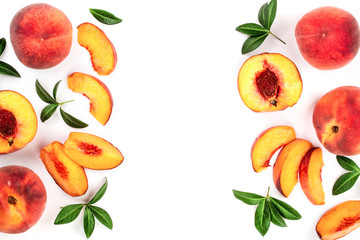 ripe peaches with leaves isolated on white background with copy space for your text. Top view. Flat lay pattern