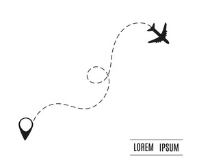 Airplane is in a dotted line. The waypoint is for a tourist trip. Vector illustration on a white background. Tourism and travel.