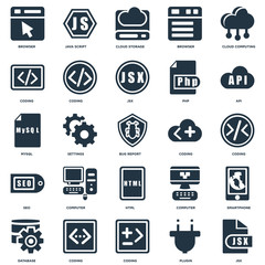 Elements Such As Jsx, Plugin, Coding, Database, Api, Html, Seo, Cloud storage, Java script icon vector illustration on white background. Universal 25 icons set.