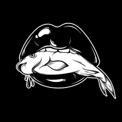 Vector hand drawn illustration  of  woman mouth with fish . Tattoo artwork . Template for card, poster, banner, print for t-shirt.