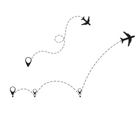 Airplane is in a dotted line. The waypoint is for a tourist trip. Vector illustration on a white background. Tourism and travel.