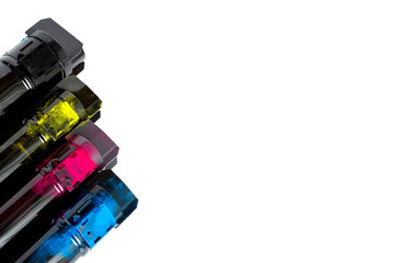 Toner cartridge set for color laser printer. Equipment for printingon white background