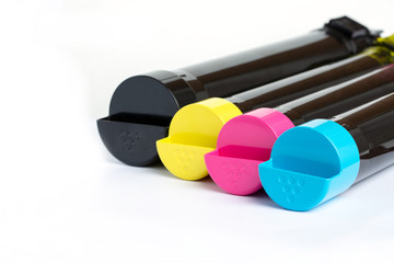 Toner cartridge set for color laser printer. Equipment for printingon white background