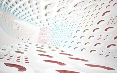 Obraz premium Abstract dynamic interior with white smooth objects and colored glass lines. 3D illustration and rendering