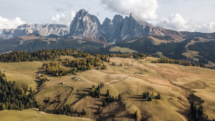 Beautiful Alpe di Siusi landscape  from drone in October