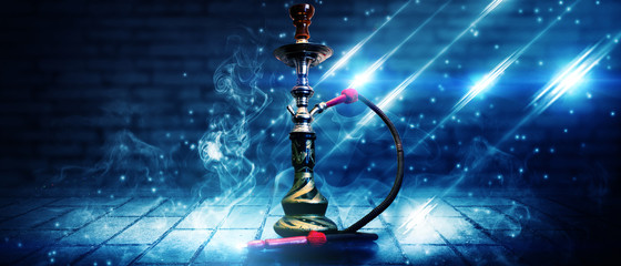 Hookah on a dark abstract background, smoke, fog, neon, concrete, rays