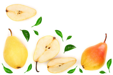 ripe red yellow pear fruits with leaves isolated on white background with copy space for your text. Top view. Flat lay pattern