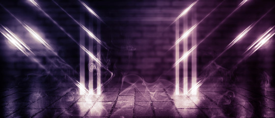 Background of empty brick wall, neon light, smoke, fog, night