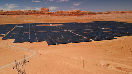 Aerial view of solar power plant located in Arizona, United States. Solar panels field (solar cell) from above. Alternative energy, ecology power conservation concept. Drone Shot, Solar station © alenamozhjer