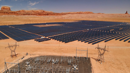 Aerial view of solar power plant located in Arizona, United States. Solar panels field (solar cell) from above. Alternative energy, ecology power conservation concept. Drone Shot, Solar station