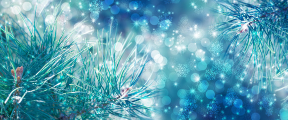 Christmas holiday background, snowflakes, bokeh,  tree, lights