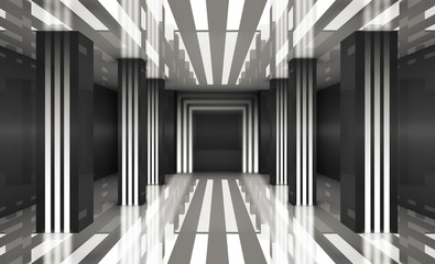 Background of empty room, hall, piles, neon light, smoke, fog, parking, corridor