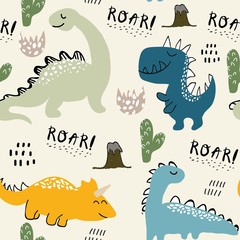 childish dinosaur seamless pattern for fashion clothes, fabric, t shirts. hand drawn vector with lettering