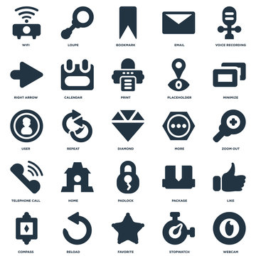 Elements Such As Webcam, Zoom out, Minimize, Loupe, Compass, Calendar, Package, User icon vector illustration on white background. Universal 25 icons set.
