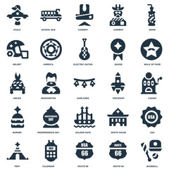 Elements Such As Baseball, Casino, Walk of fame, School bus, Tent, america, White house, Indian icon vector illustration on white background. Universal 25 icons set.