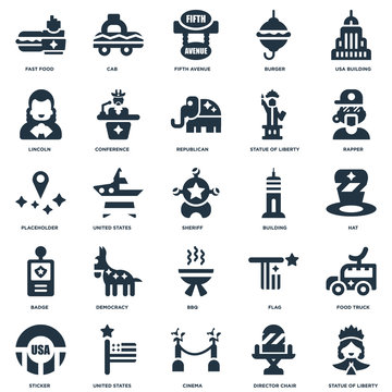 Elements Such As Statue of liberty, Hat, Rapper, Cab, Sticker, Conference, Flag, Placeholder icon vector illustration on white background. Universal 25 icons set.