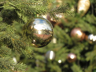 Golden christmas balls on the street. Christmas toys hanging on fir branches against festive decorations in sunny day