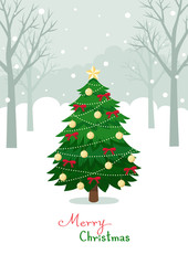 Christmas tree on winter forest background