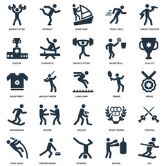 Elements Such As Ski, Boxing, Gymnast, Winter Games, Pole vault, Chalice, Tennis, Hockey, Snowboard, Podium, Wind Surf, Gymnast icon vector illustration on white background. Universal 25 icons set.