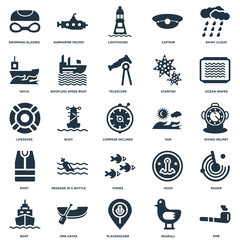 Elements Such As Pipe, Diving Helmet, Ocean Waves, Submarine Facing Right, Boat, Roofless Speed Hook, Lifesaver icon vector illustration on white background. Universal 25 icons set.