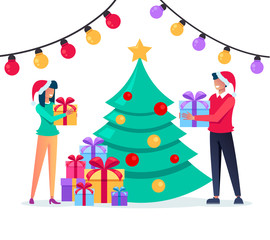 Man and woman characters giving present gift boxes to each other. Marry Christmas and Happy New Year concept. Vector flat cartoon graphic design isolated illustration concept