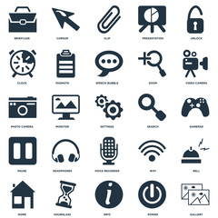 Elements Such As Gallery, Power, Info, Hourglass, Home, Video camera, Search, Voice recorder, Pause, Clock, Clip, Cursor icon vector illustration on white background. Universal 25 icons set.