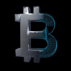 Bitcoin sign, platinum or silver turns into a blue grid on a black background. 3D illustration