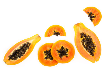 ripe slice papaya isolated on a white background with copy space for your text. Top view. Flat lay