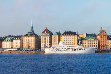 Scenic waterfront panorama of the Old Town Gamls Stan in Stockholm, Sweden