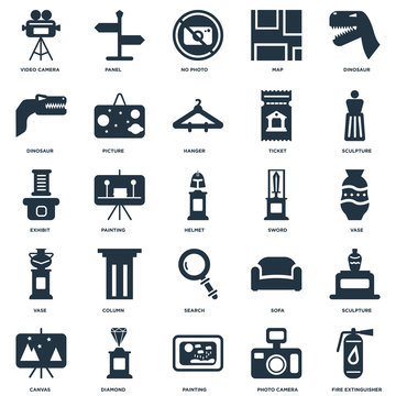 Elements Such As Fire extinguisher, Vase, Sculpture, Panel, Canvas, Picture, Sofa, Exhibit icon vector illustration on white background. Universal 25 icons set.