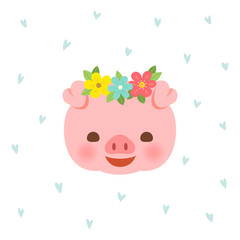 Cute pig with flower crown on blue hearts pattern