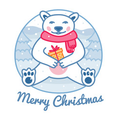 Polar bear with wrapped present box wears red scarf, Christmas cute character and greeting card, Merry Christmas sign, vector