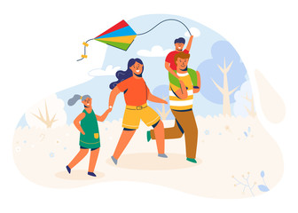 Family in the park launches the Kite. Parents and Children Caracters running Outdoor, playing with wind toy on weekend, vacation, holiday. Vector Illustration