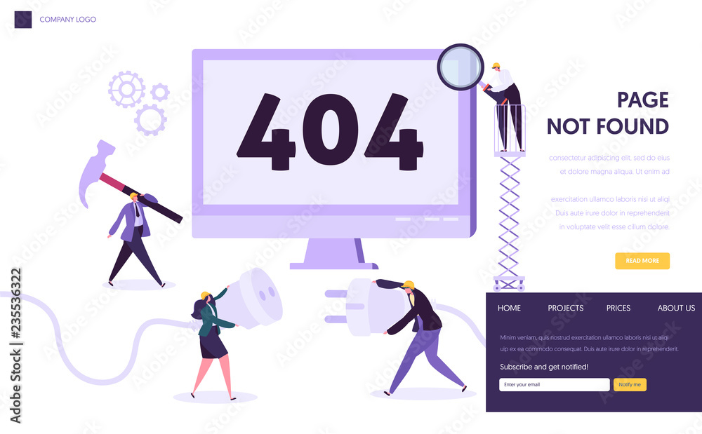Poster 404 maintenance error landing page template. page not found under construction concept with characte