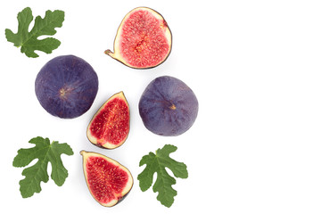 fig fruits with leaves isolated on white background with copy space for your text. Top view. Flat lay pattern