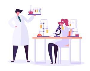 Pharmaceutic Laboratory Research Concept. Scientists Characters Working in Chemistry Lab with Medical Equipment Microscope, Flask, Tube. Vector illustration